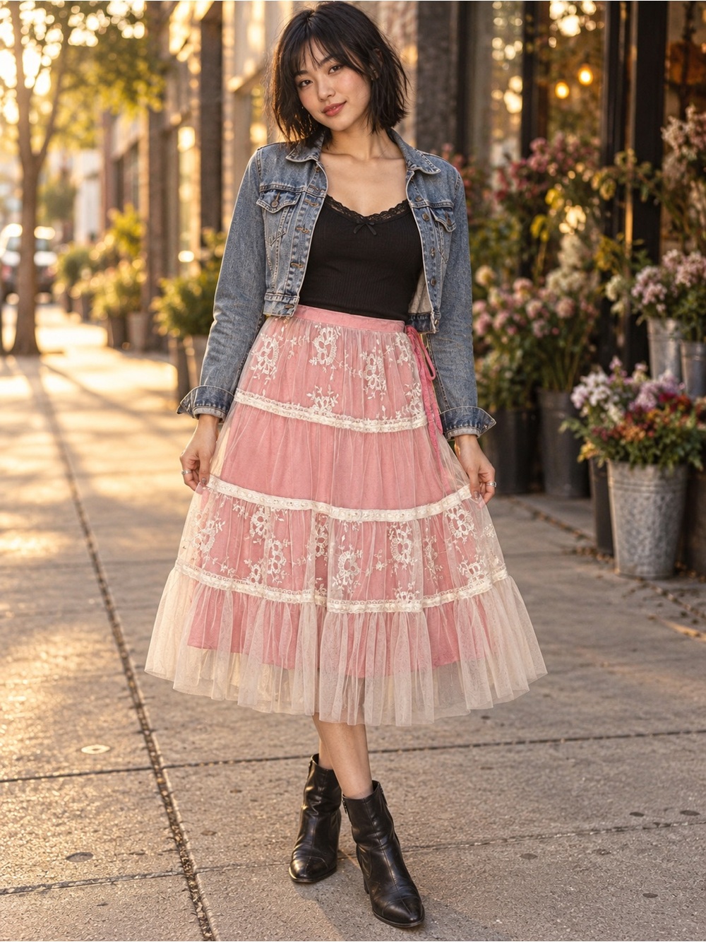 Pura Vida Pink Floral Tulle Tiered Midi Skirt 12 NWT